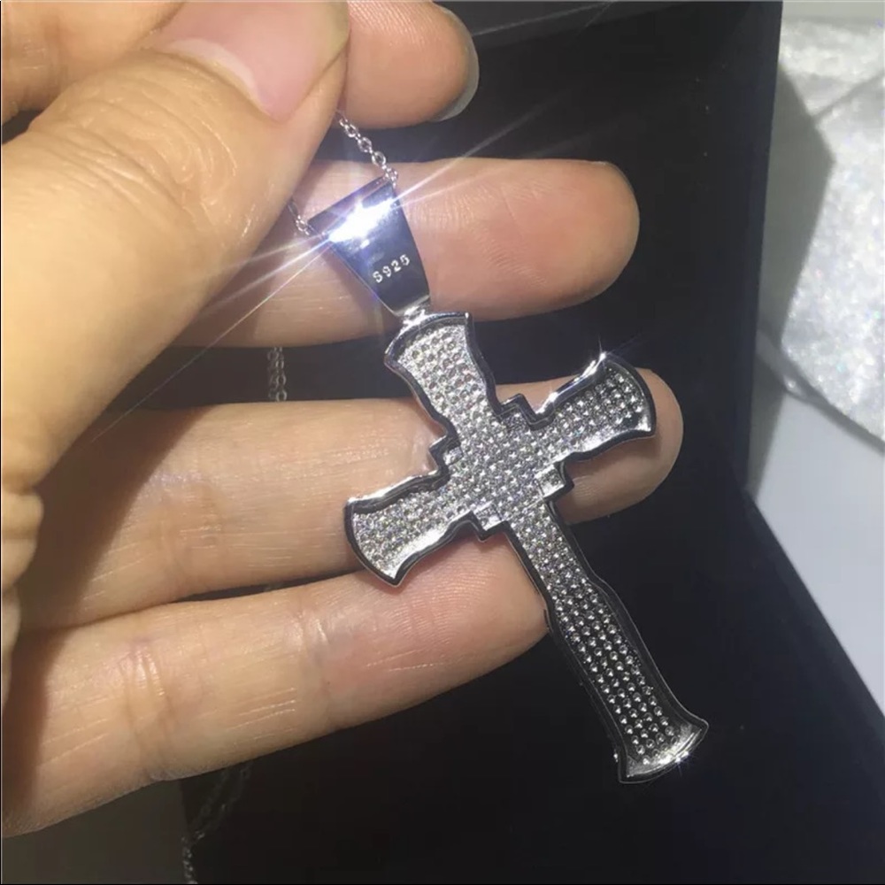 New Luxury 925 Silver Cross Men Women Diamond Necklace - Picture 6 of 16